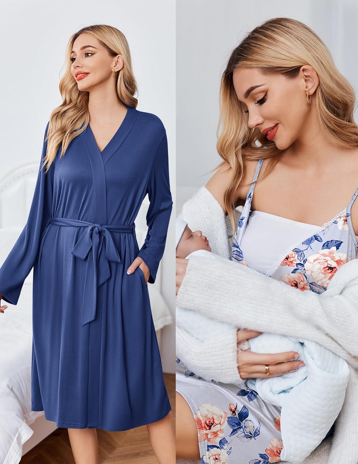 imageEkouaer Maternity Nursing Gown and Robe Set Lace Nursing Nightgown for Breastfeeding Labor Delivery gowns for HospitalBlue Flower