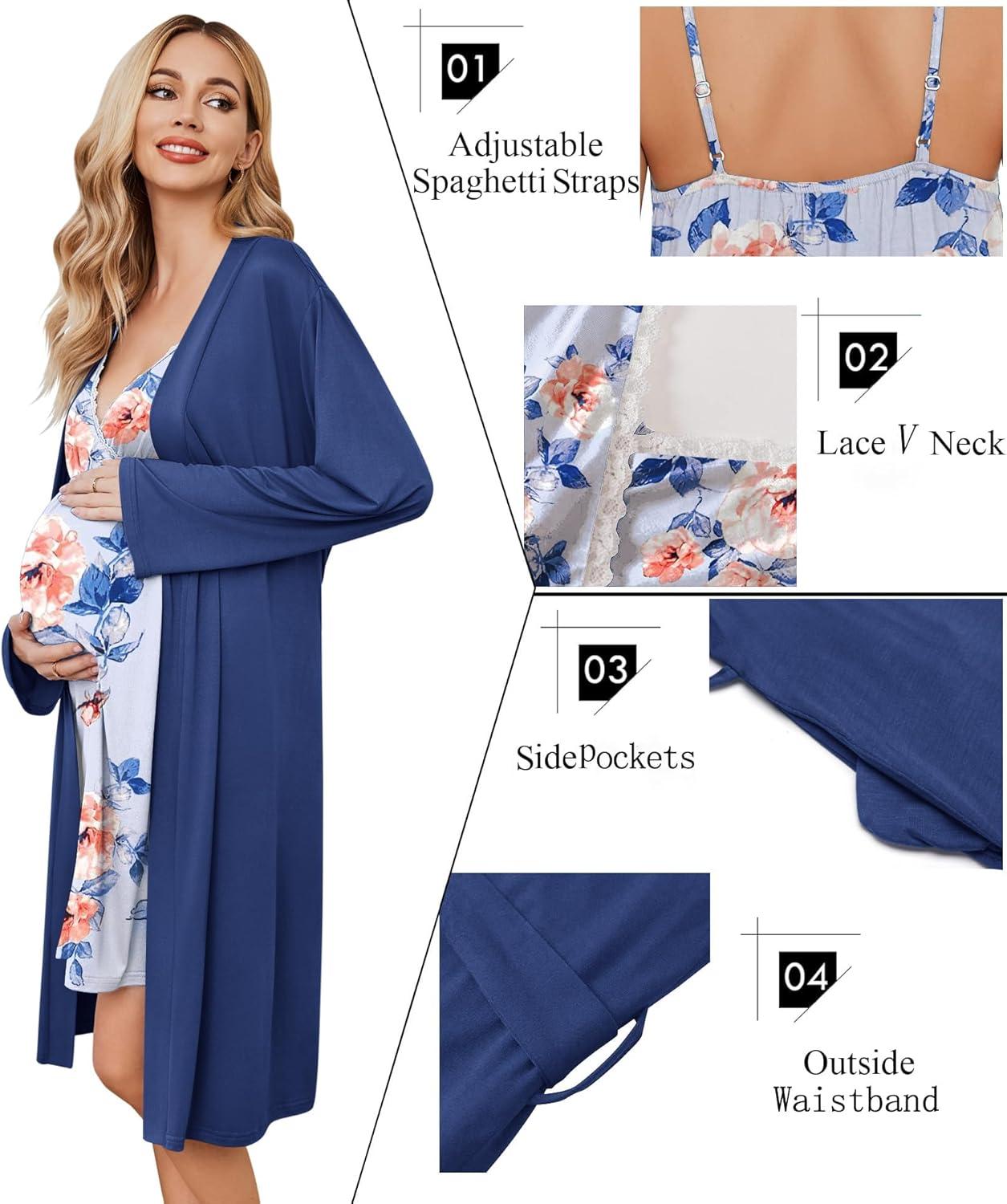 imageEkouaer Maternity Nursing Gown and Robe Set Lace Nursing Nightgown for Breastfeeding Labor Delivery gowns for HospitalBlue Flower