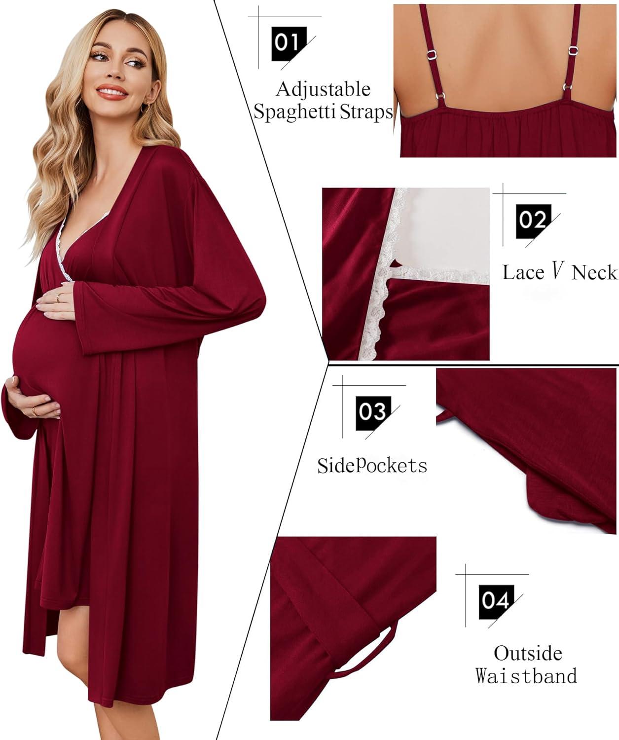 imageEkouaer Maternity Nursing Gown and Robe Set Lace Nursing Nightgown for Breastfeeding Labor Delivery gowns for HospitalBurgundy Wine Red