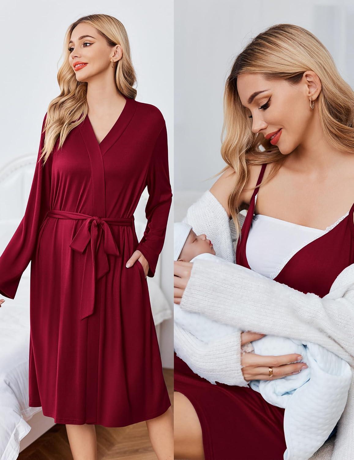 imageEkouaer Maternity Nursing Gown and Robe Set Lace Nursing Nightgown for Breastfeeding Labor Delivery gowns for HospitalBurgundy Wine Red
