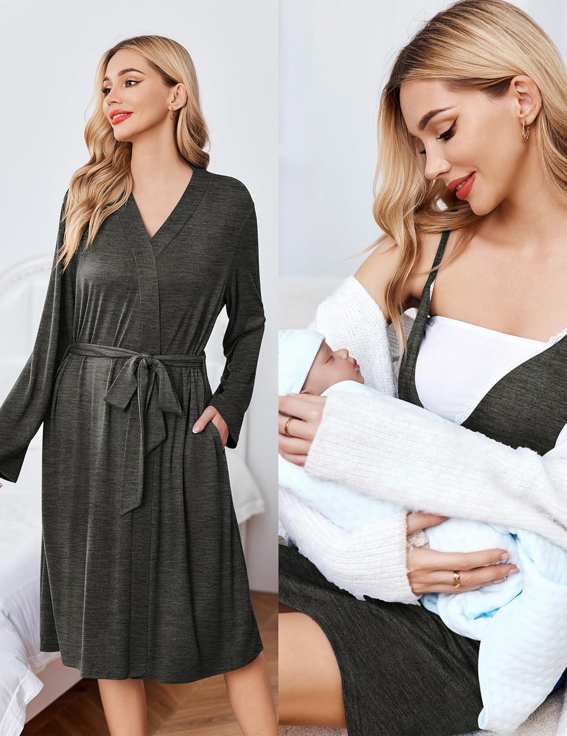 imageEkouaer Maternity Nursing Gown and Robe Set Lace Nursing Nightgown for Breastfeeding Labor Delivery gowns for HospitalDark Grey