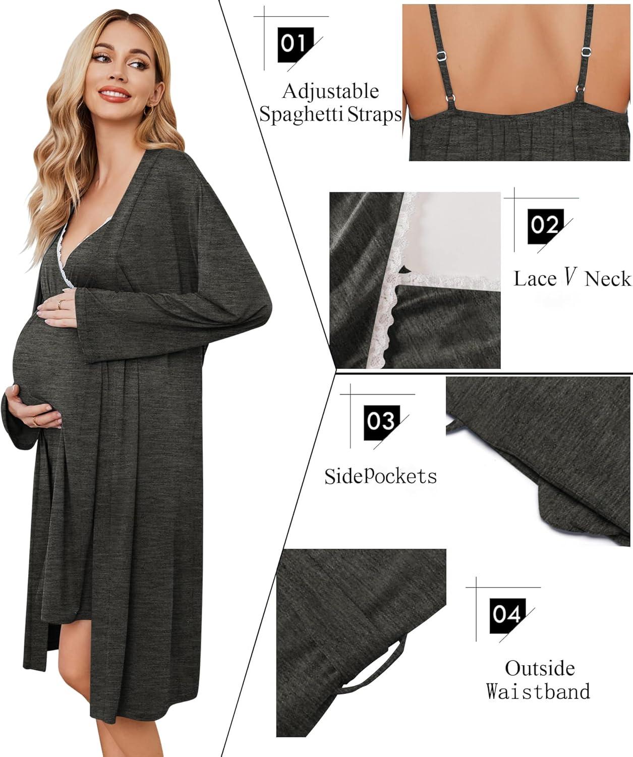 imageEkouaer Maternity Nursing Gown and Robe Set Lace Nursing Nightgown for Breastfeeding Labor Delivery gowns for HospitalDark Grey