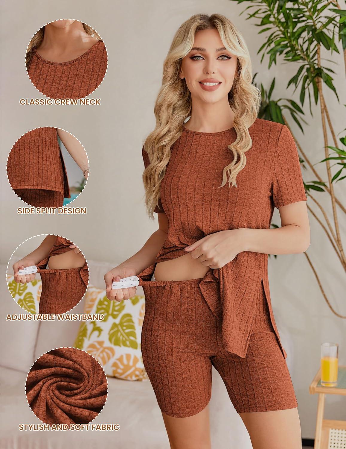 imageEkouaer Maternity Sets 2 Piece Outfits Ribbed Knit Short Sleeve Shirts and Biker Shorts Pregnancy Loungewear Mama ClothesCaramel