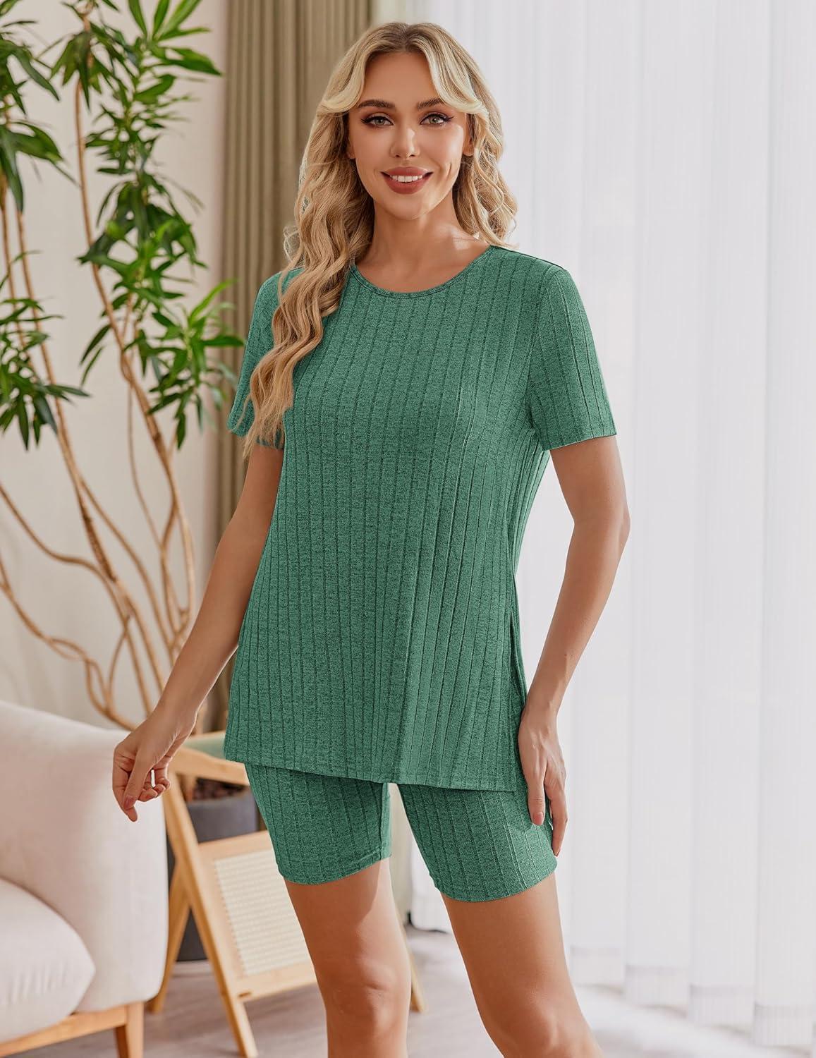 imageEkouaer Maternity Sets 2 Piece Outfits Ribbed Knit Short Sleeve Shirts and Biker Shorts Pregnancy Loungewear Mama ClothesGreen