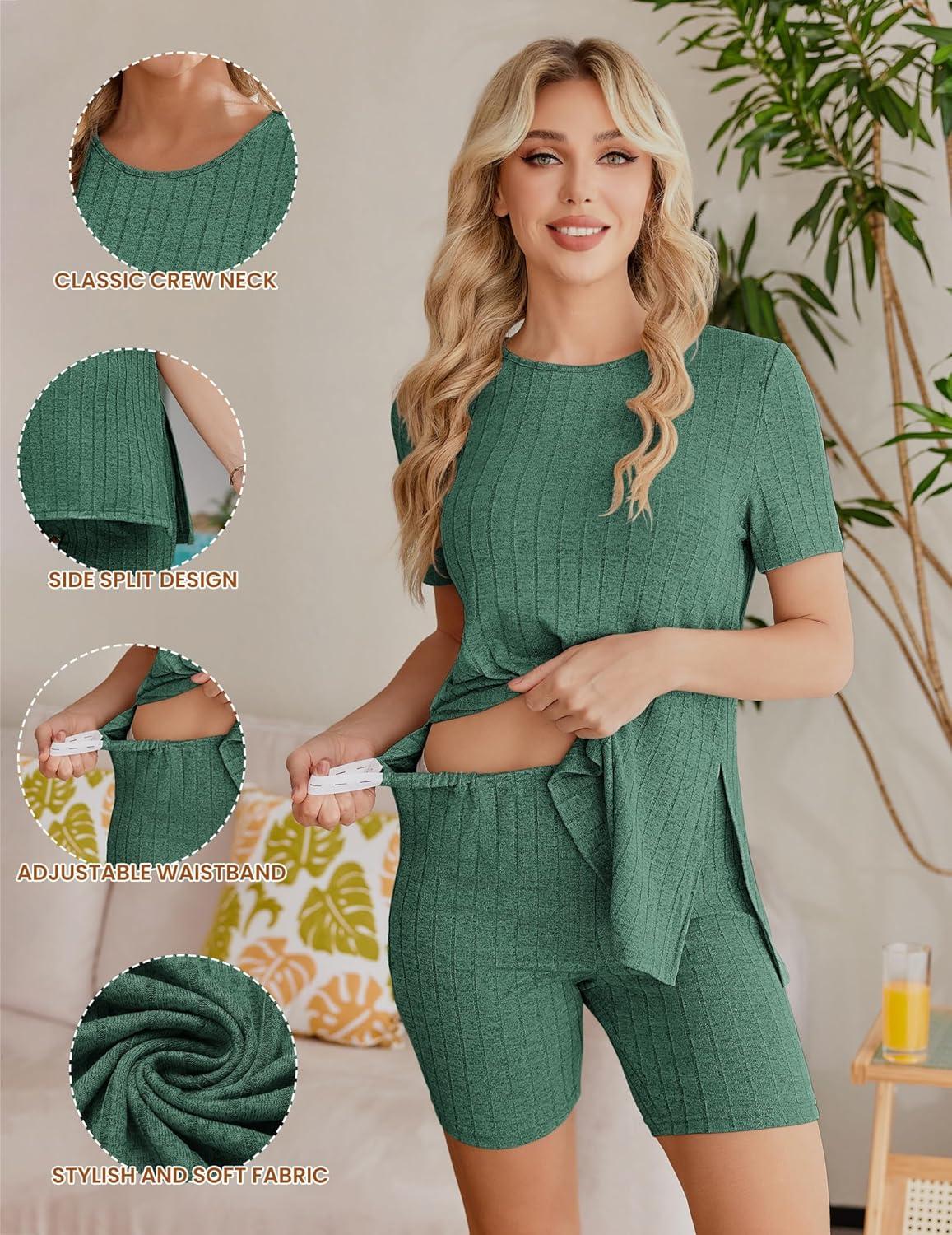 imageEkouaer Maternity Sets 2 Piece Outfits Ribbed Knit Short Sleeve Shirts and Biker Shorts Pregnancy Loungewear Mama ClothesGreen