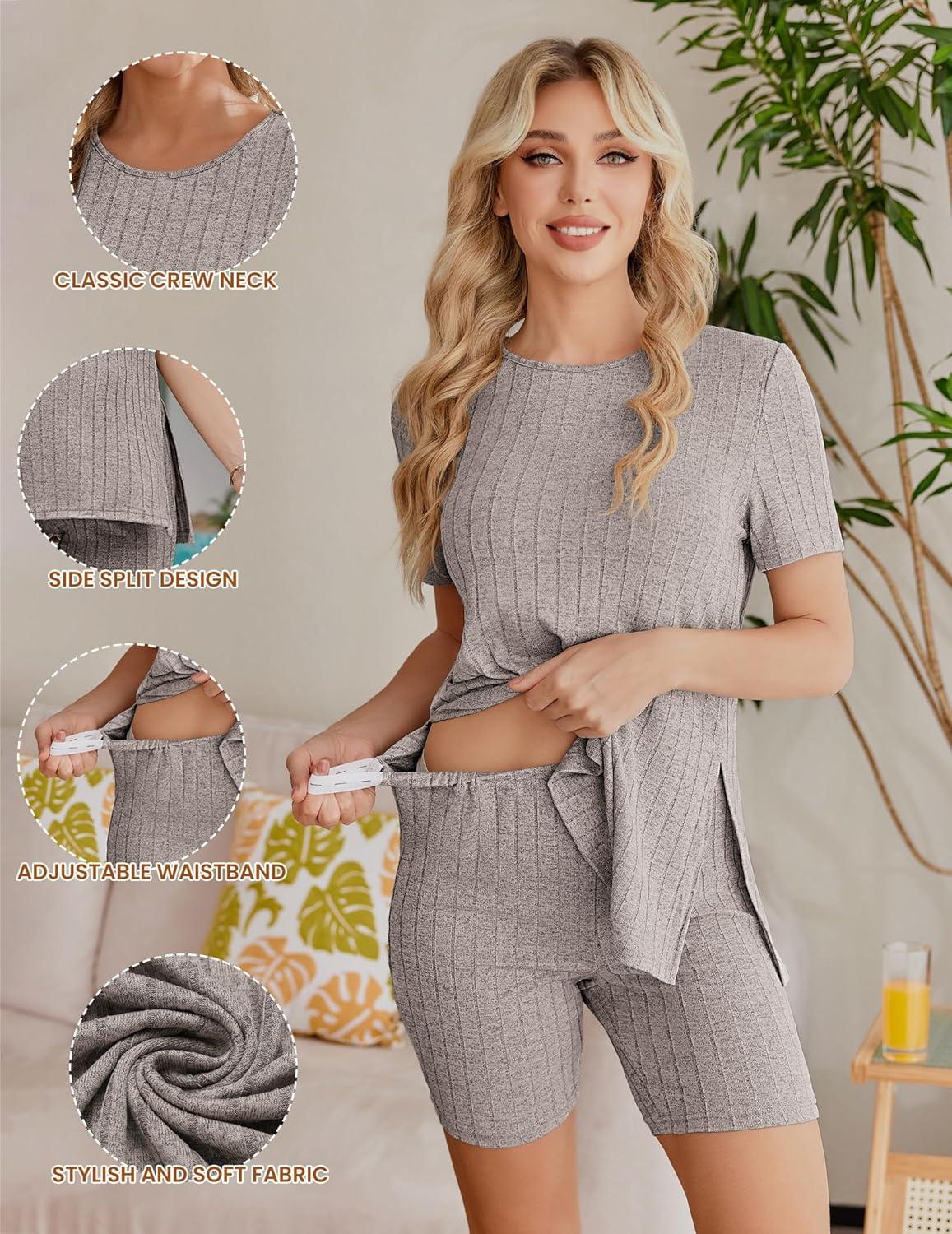 imageEkouaer Maternity Sets 2 Piece Outfits Ribbed Knit Short Sleeve Shirts and Biker Shorts Pregnancy Loungewear Mama ClothesKhaki