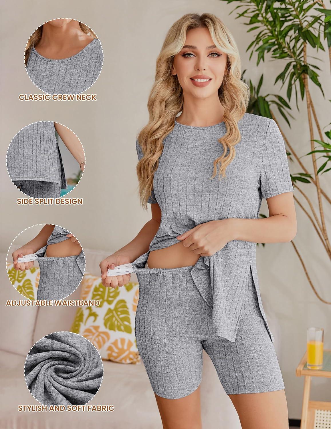 imageEkouaer Maternity Sets 2 Piece Outfits Ribbed Knit Short Sleeve Shirts and Biker Shorts Pregnancy Loungewear Mama ClothesLight Grey