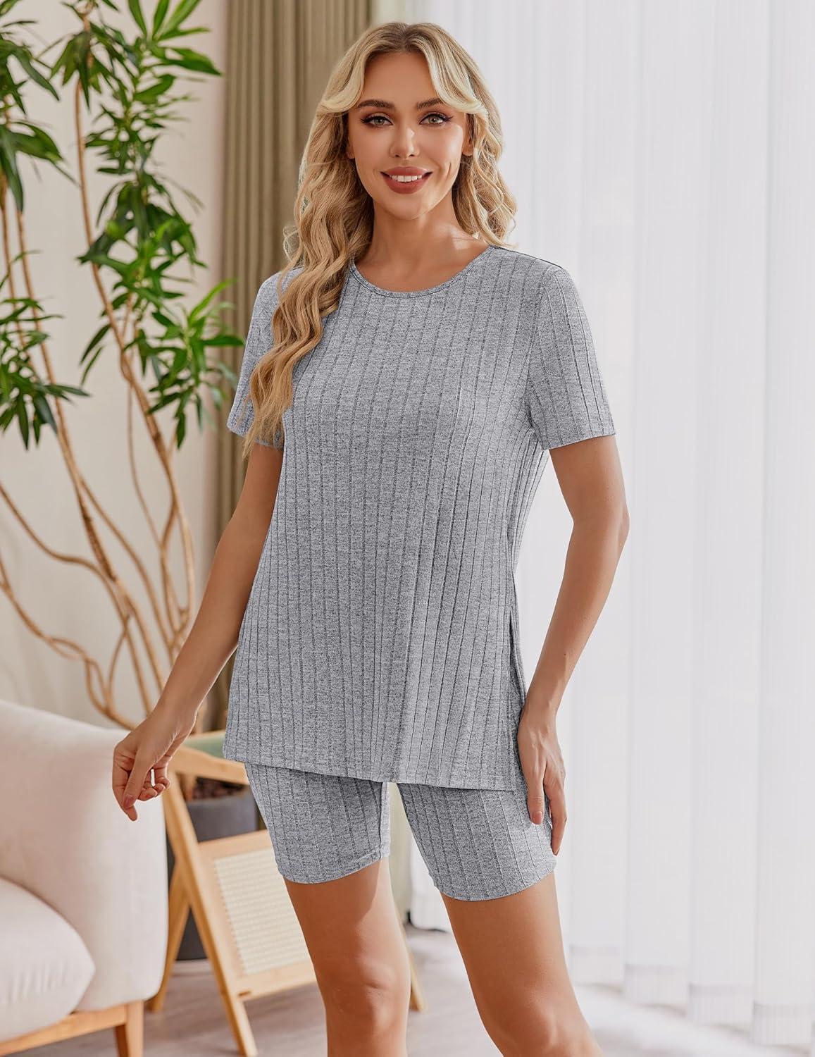imageEkouaer Maternity Sets 2 Piece Outfits Ribbed Knit Short Sleeve Shirts and Biker Shorts Pregnancy Loungewear Mama ClothesLight Grey