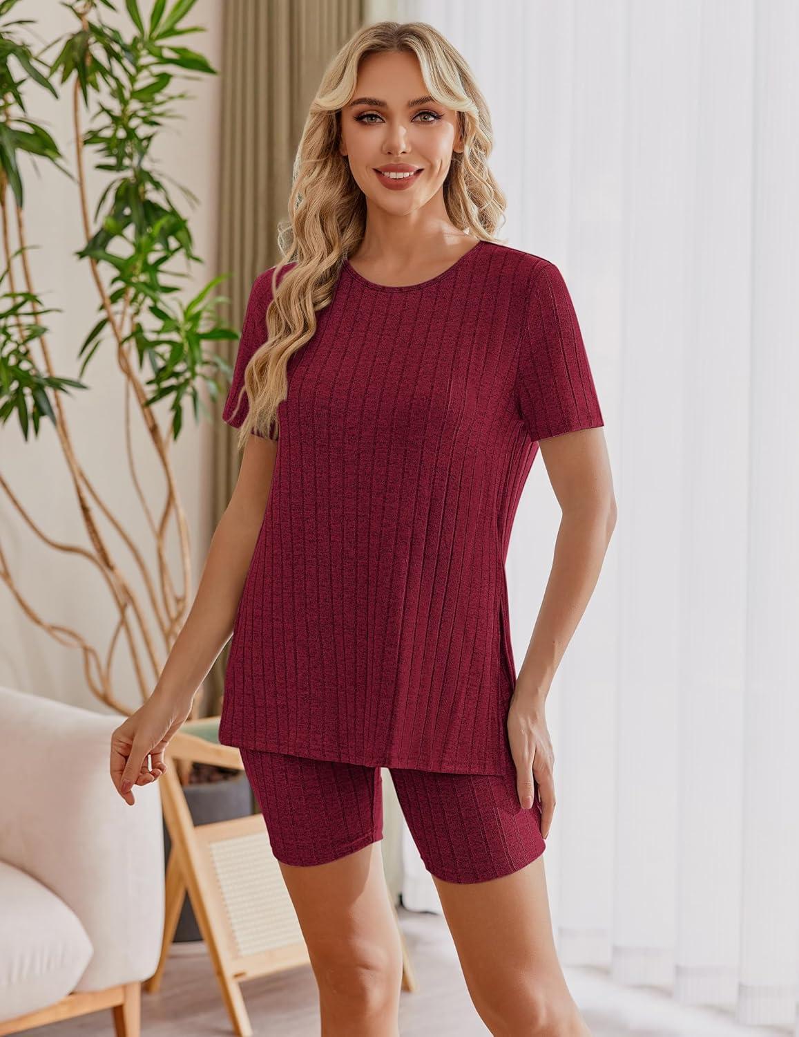 imageEkouaer Maternity Sets 2 Piece Outfits Ribbed Knit Short Sleeve Shirts and Biker Shorts Pregnancy Loungewear Mama ClothesWine Red