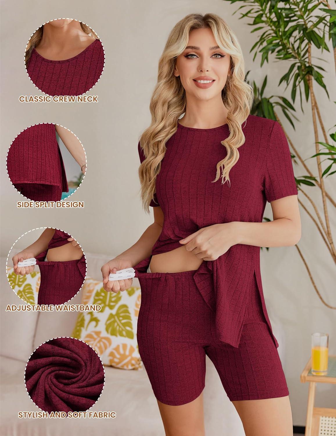 imageEkouaer Maternity Sets 2 Piece Outfits Ribbed Knit Short Sleeve Shirts and Biker Shorts Pregnancy Loungewear Mama ClothesWine Red