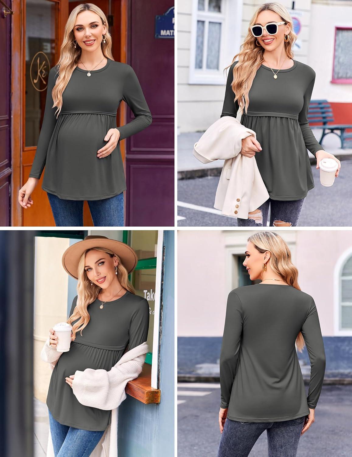 imageEkouaer Maternity Shirts 3 Packs Pleated Long Sleeve Tops Tunic Casual Pregnancy ClothesBlackBrownGrey