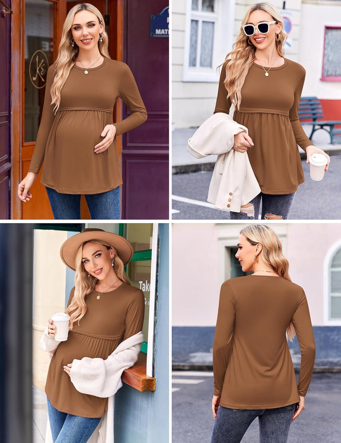 imageEkouaer Maternity Shirts 3 Packs Pleated Long Sleeve Tops Tunic Casual Pregnancy ClothesBlackBrownGrey
