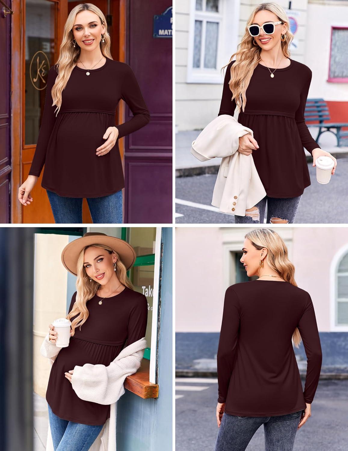 imageEkouaer Maternity Shirts 3 Packs Pleated Long Sleeve Tops Tunic Casual Pregnancy ClothesBlackGreenDark Red
