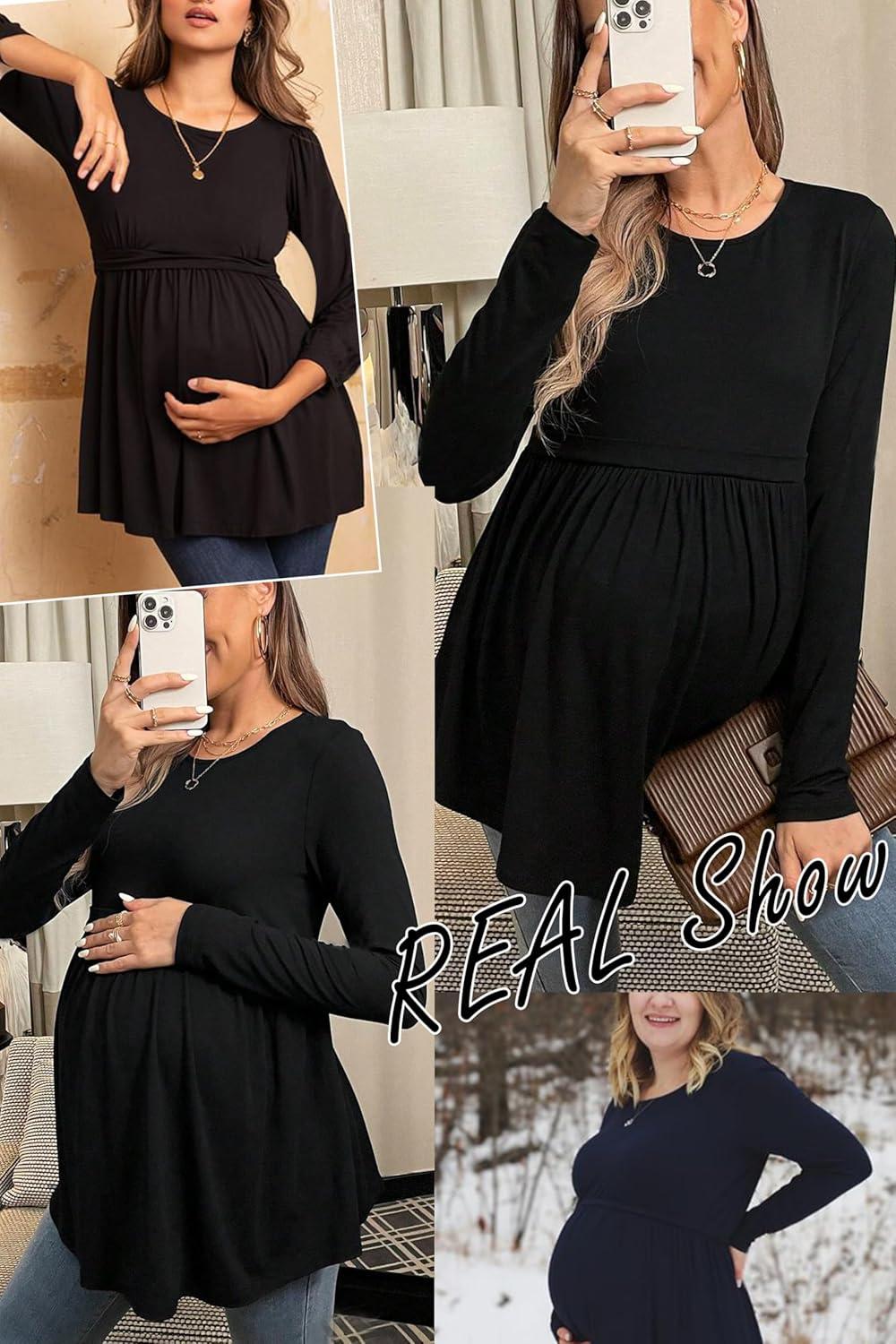 imageEkouaer Maternity Shirts 3 Packs Pleated Long Sleeve Tops Tunic Casual Pregnancy ClothesBlackGreenDark Red