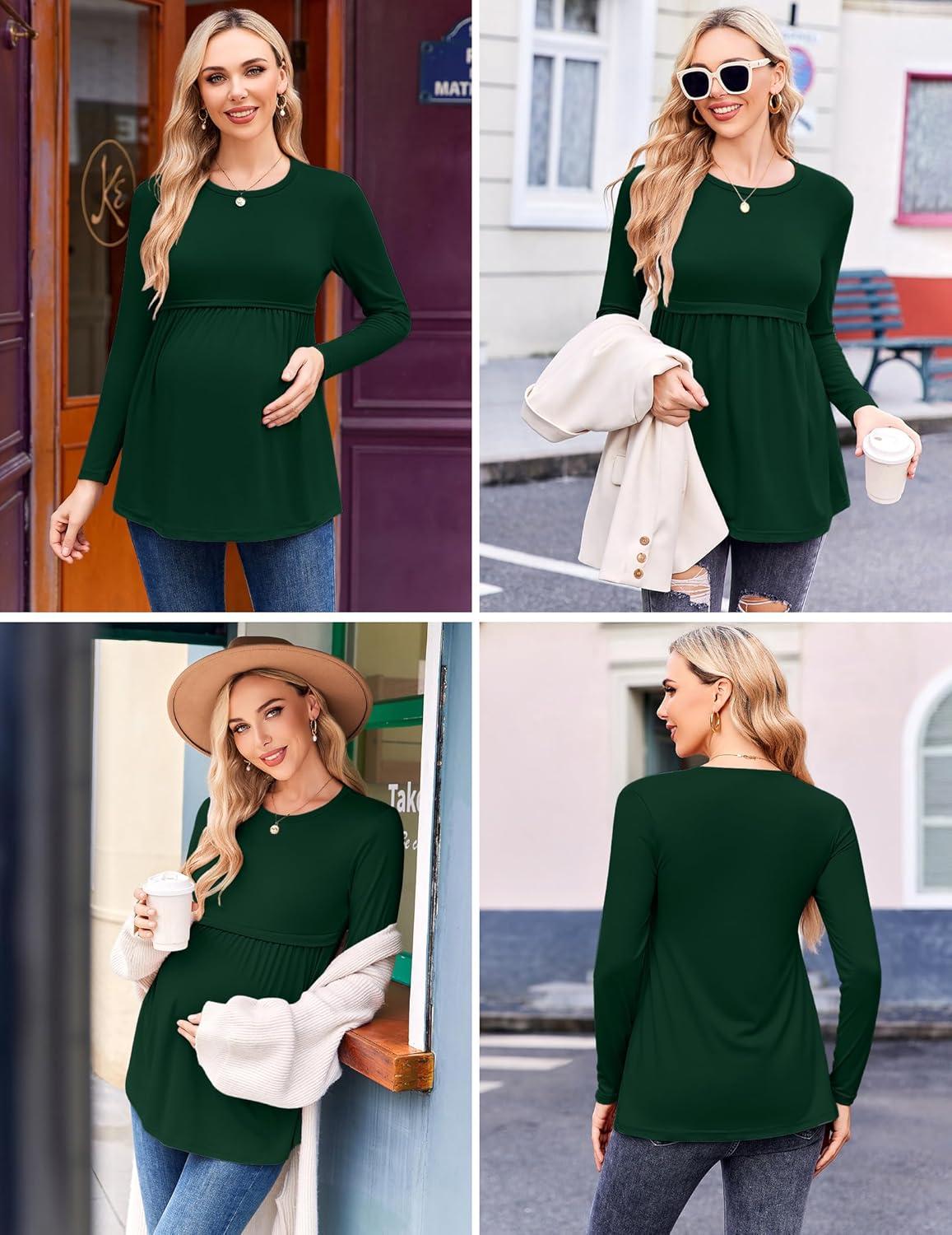 imageEkouaer Maternity Shirts 3 Packs Pleated Long Sleeve Tops Tunic Casual Pregnancy ClothesBlackGreenDark Red