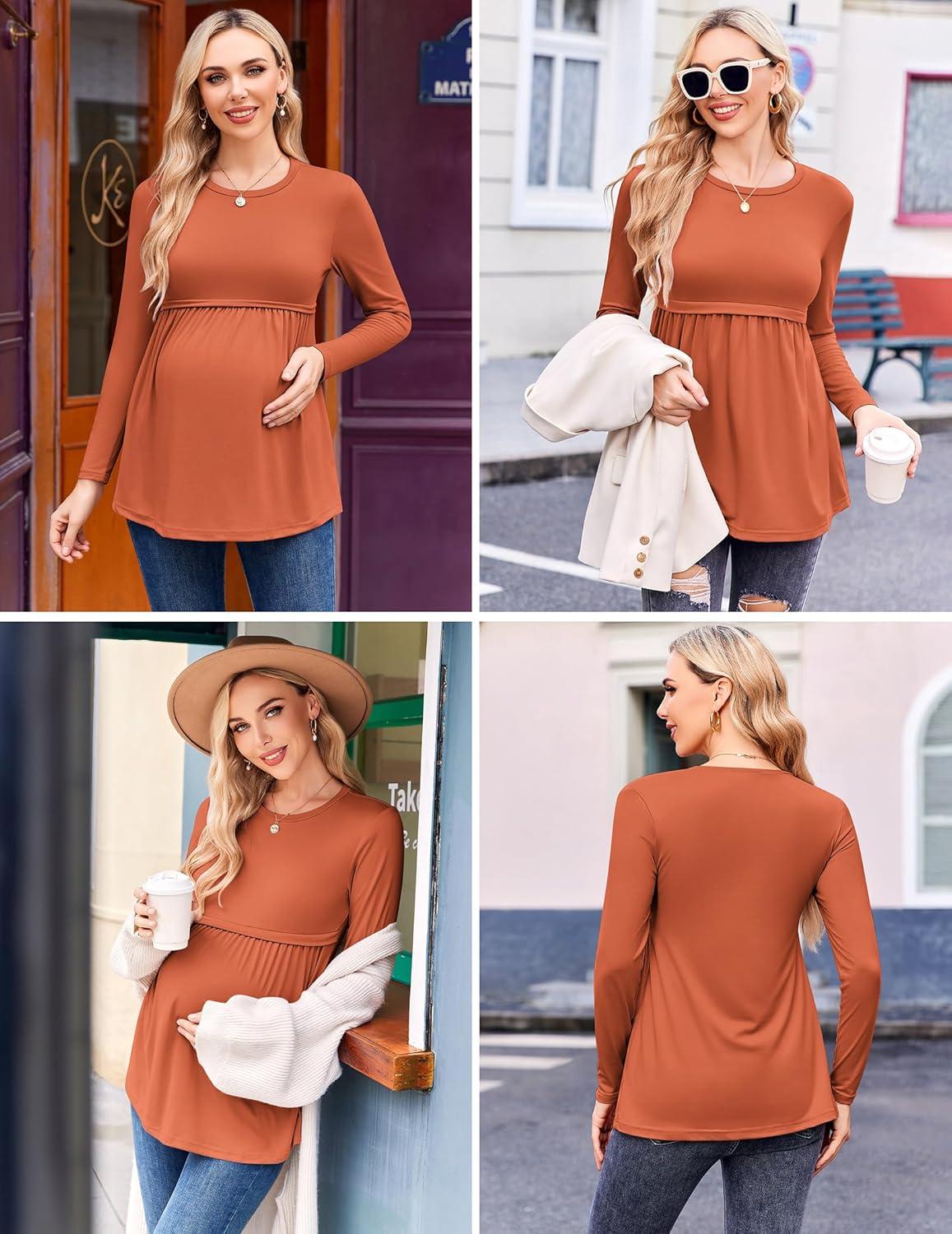 imageEkouaer Maternity Shirts 3 Packs Pleated Long Sleeve Tops Tunic Casual Pregnancy ClothesBlackWhiteCaramel