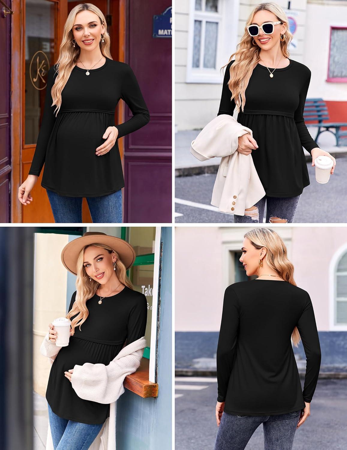 imageEkouaer Maternity Shirts 3 Packs Pleated Long Sleeve Tops Tunic Casual Pregnancy ClothesBlackWhiteCaramel