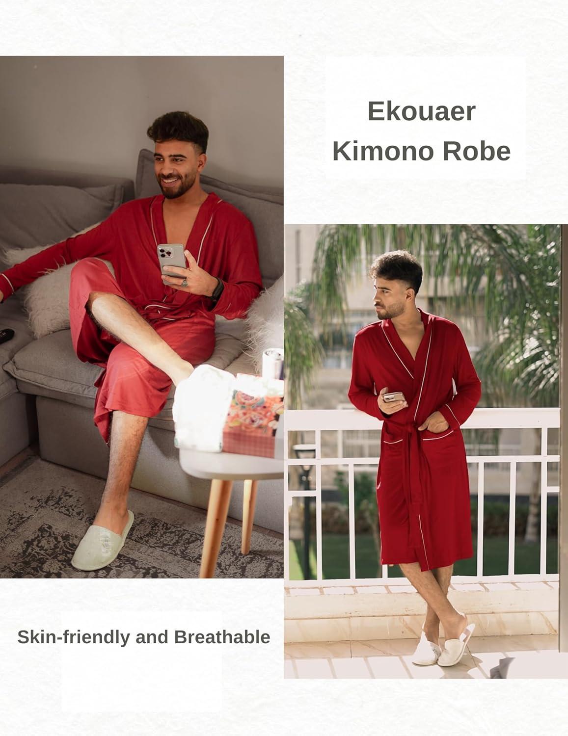 imageEkouaer Mens Robes Lightweight Knit Bathrobe Long Sleeve Kimono Robe V Neck Spa Knee Length Sleepwear with Pockets SXXLWine Red