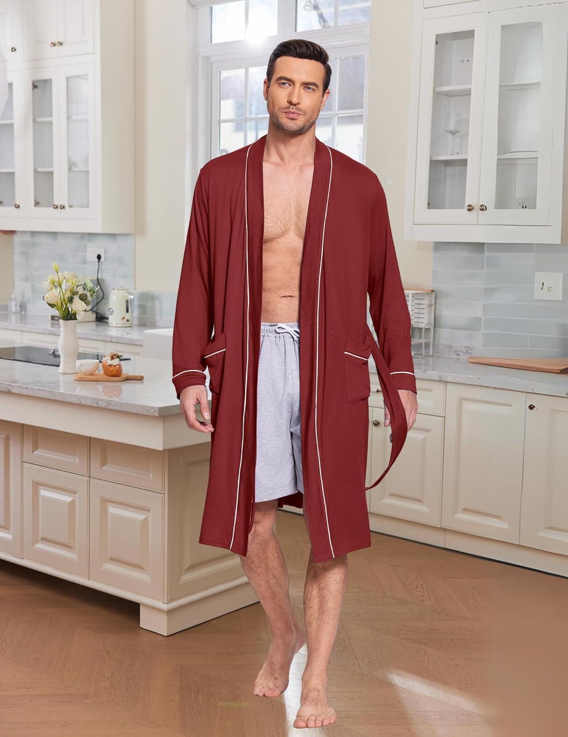 imageEkouaer Mens Robes Lightweight Knit Bathrobe Long Sleeve Kimono Robe V Neck Spa Knee Length Sleepwear with Pockets SXXLWine Red