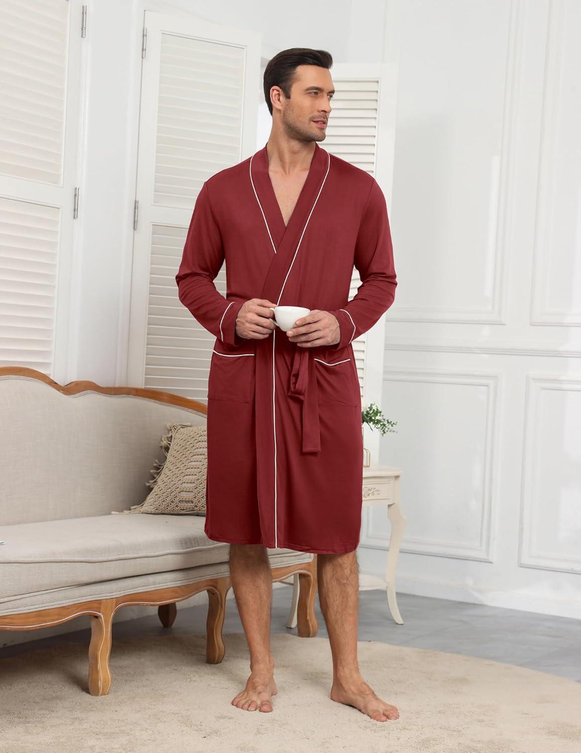 imageEkouaer Mens Robes Lightweight Knit Bathrobe Long Sleeve Kimono Robe V Neck Spa Knee Length Sleepwear with Pockets SXXLWine Red