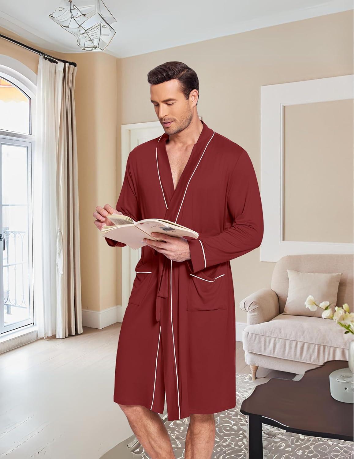 imageEkouaer Mens Robes Lightweight Knit Bathrobe Long Sleeve Kimono Robe V Neck Spa Knee Length Sleepwear with Pockets SXXLWine Red