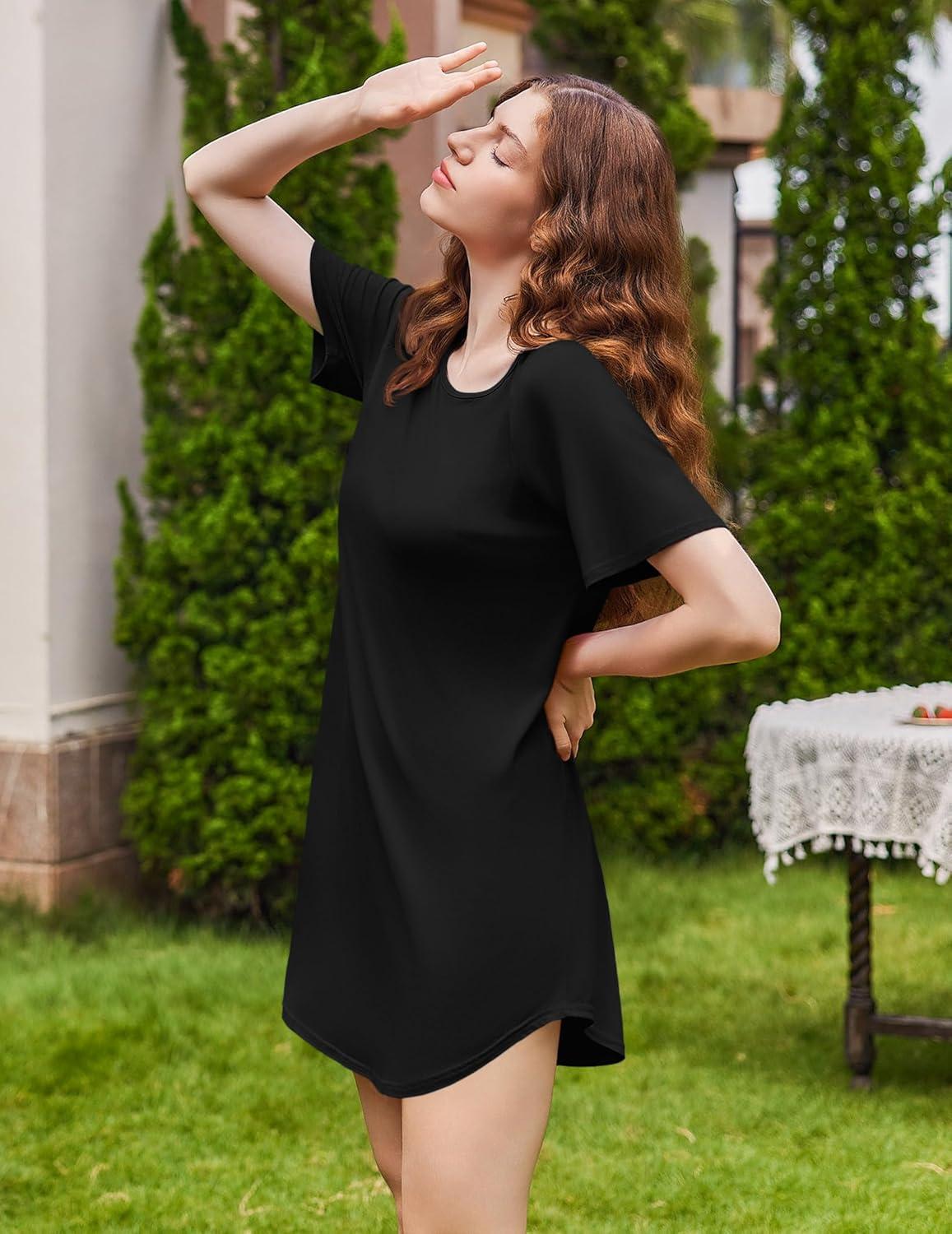 imageEkouaer Nightgowns for Women Bamboo Viscose Sleep Shirts Short Sleeve Nightshirt Casual Sleepdress Soft Sleepwear SXXXLBlack