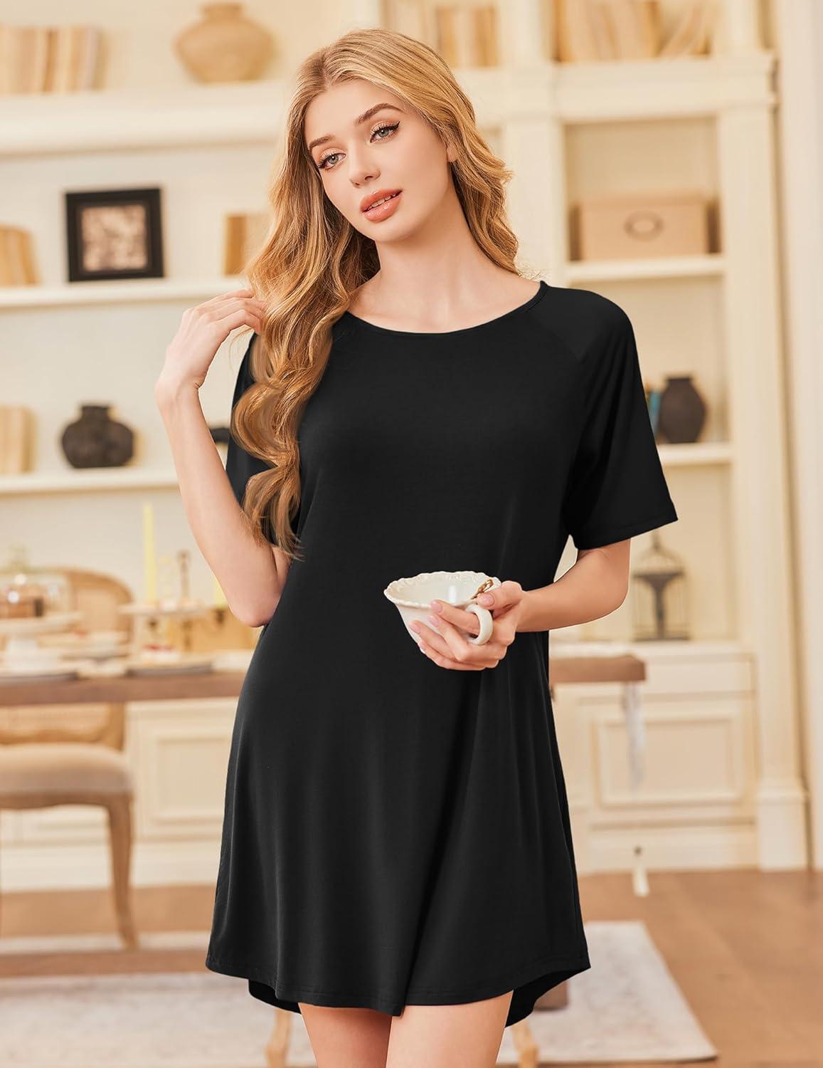 imageEkouaer Nightgowns for Women Bamboo Viscose Sleep Shirts Short Sleeve Nightshirt Casual Sleepdress Soft Sleepwear SXXXLBlack