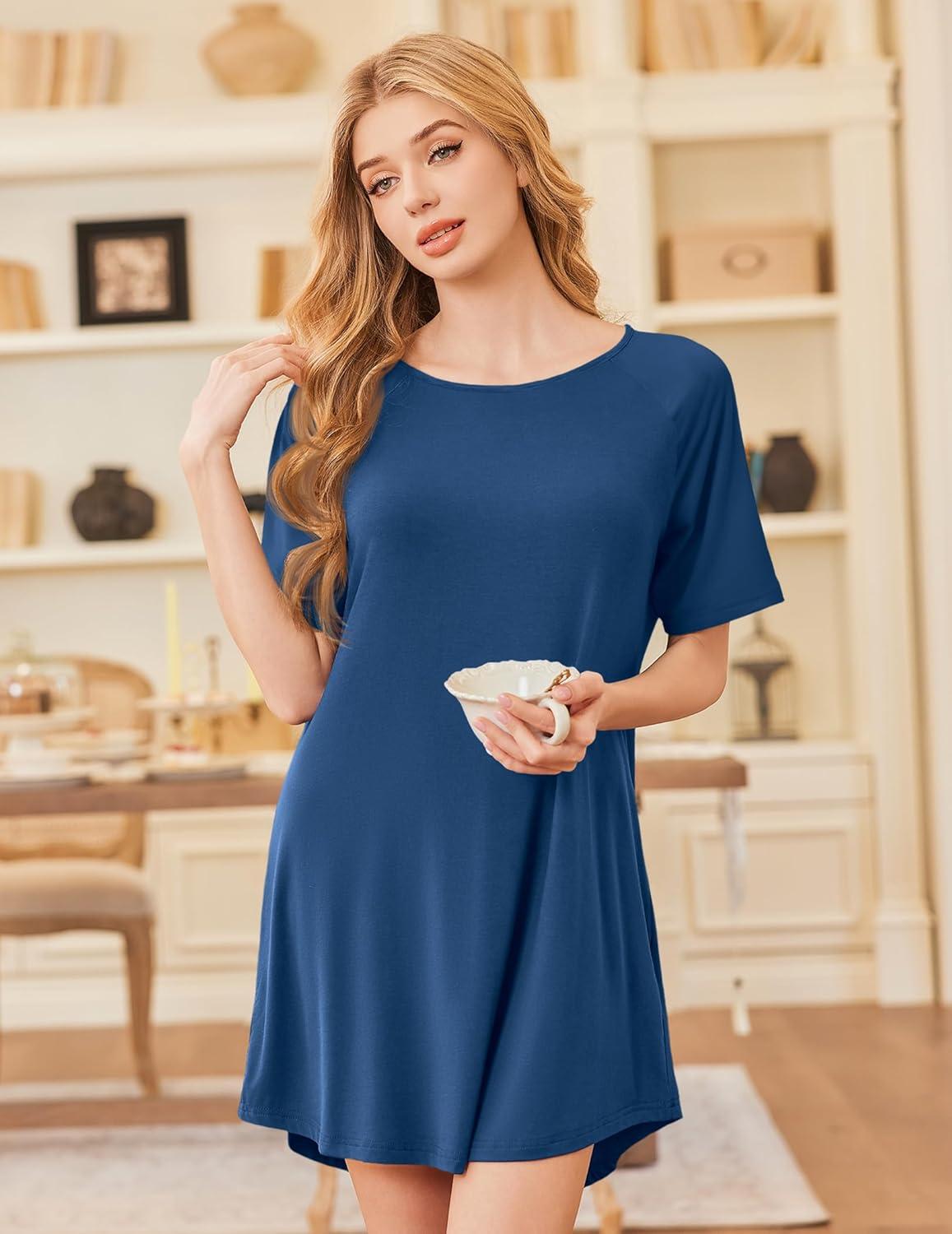 imageEkouaer Nightgowns for Women Bamboo Viscose Sleep Shirts Short Sleeve Nightshirt Casual Sleepdress Soft Sleepwear SXXXLBlue