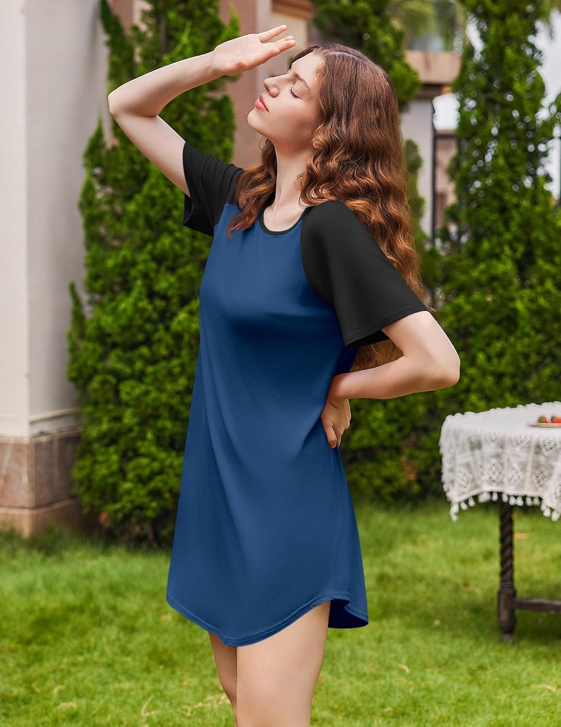 imageEkouaer Nightgowns for Women Bamboo Viscose Sleep Shirts Short Sleeve Nightshirt Casual Sleepdress Soft Sleepwear SXXXLBlue Black