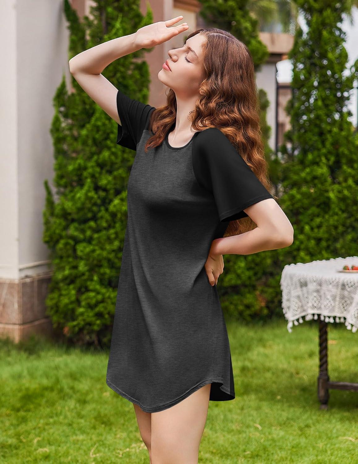 imageEkouaer Nightgowns for Women Bamboo Viscose Sleep Shirts Short Sleeve Nightshirt Casual Sleepdress Soft Sleepwear SXXXLDark Grey