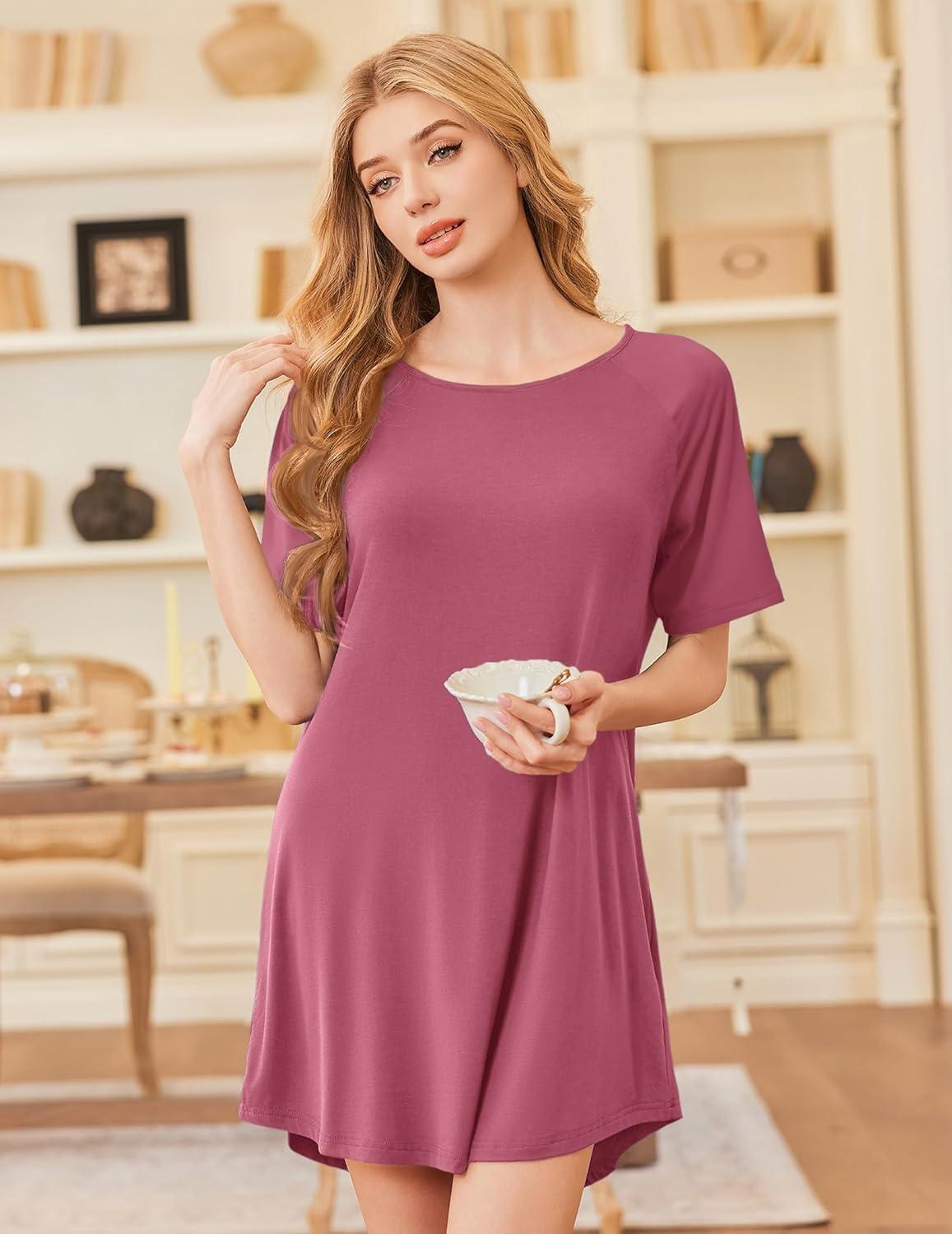 imageEkouaer Nightgowns for Women Bamboo Viscose Sleep Shirts Short Sleeve Nightshirt Casual Sleepdress Soft Sleepwear SXXXLDark Pink