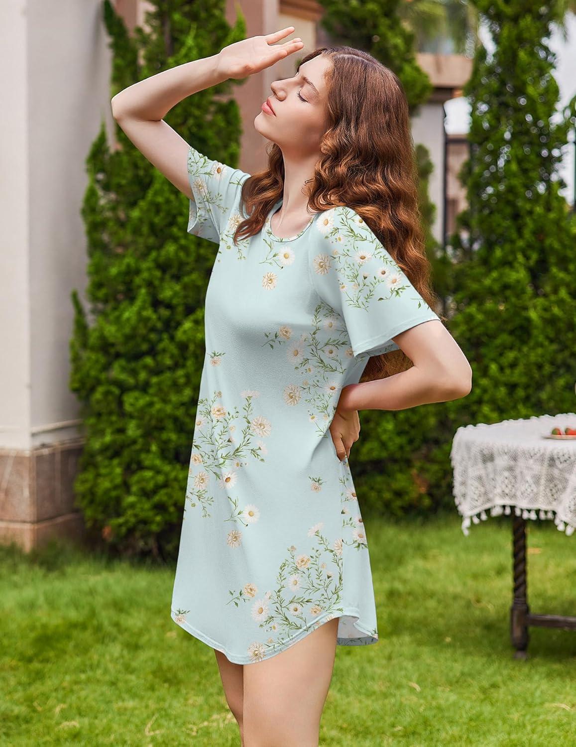 imageEkouaer Nightgowns for Women Bamboo Viscose Sleep Shirts Short Sleeve Nightshirt Casual Sleepdress Soft Sleepwear SXXXLGreen Daisy
