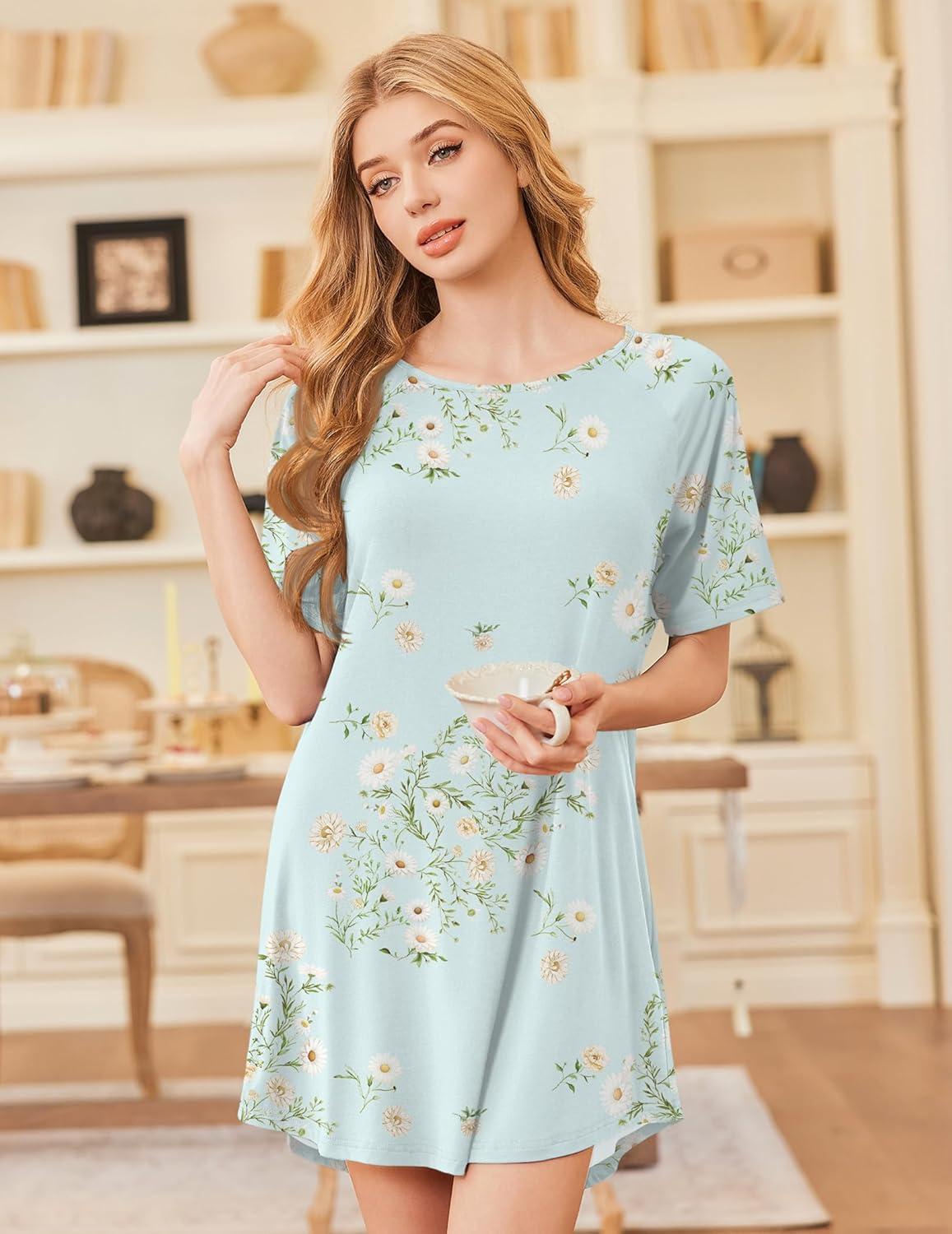 imageEkouaer Nightgowns for Women Bamboo Viscose Sleep Shirts Short Sleeve Nightshirt Casual Sleepdress Soft Sleepwear SXXXLGreen Daisy