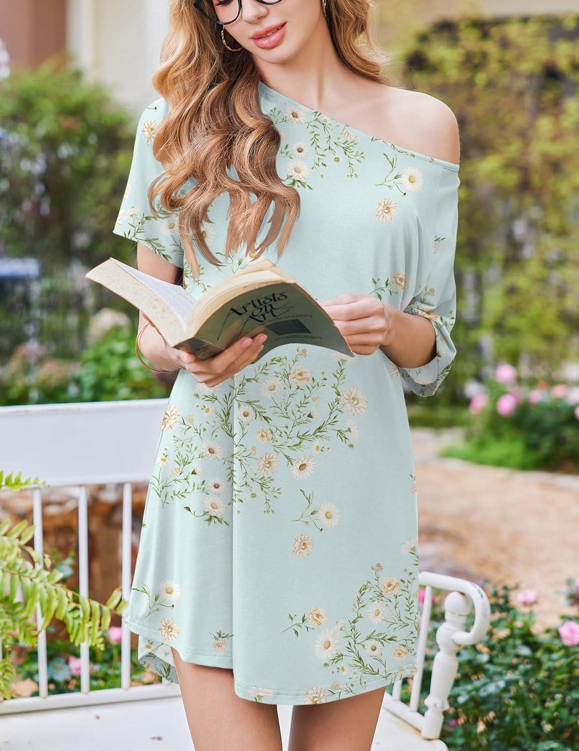 imageEkouaer Nightgowns for Women Bamboo Viscose Sleep Shirts Short Sleeve Nightshirt Casual Sleepdress Soft Sleepwear SXXXLGreen Daisy