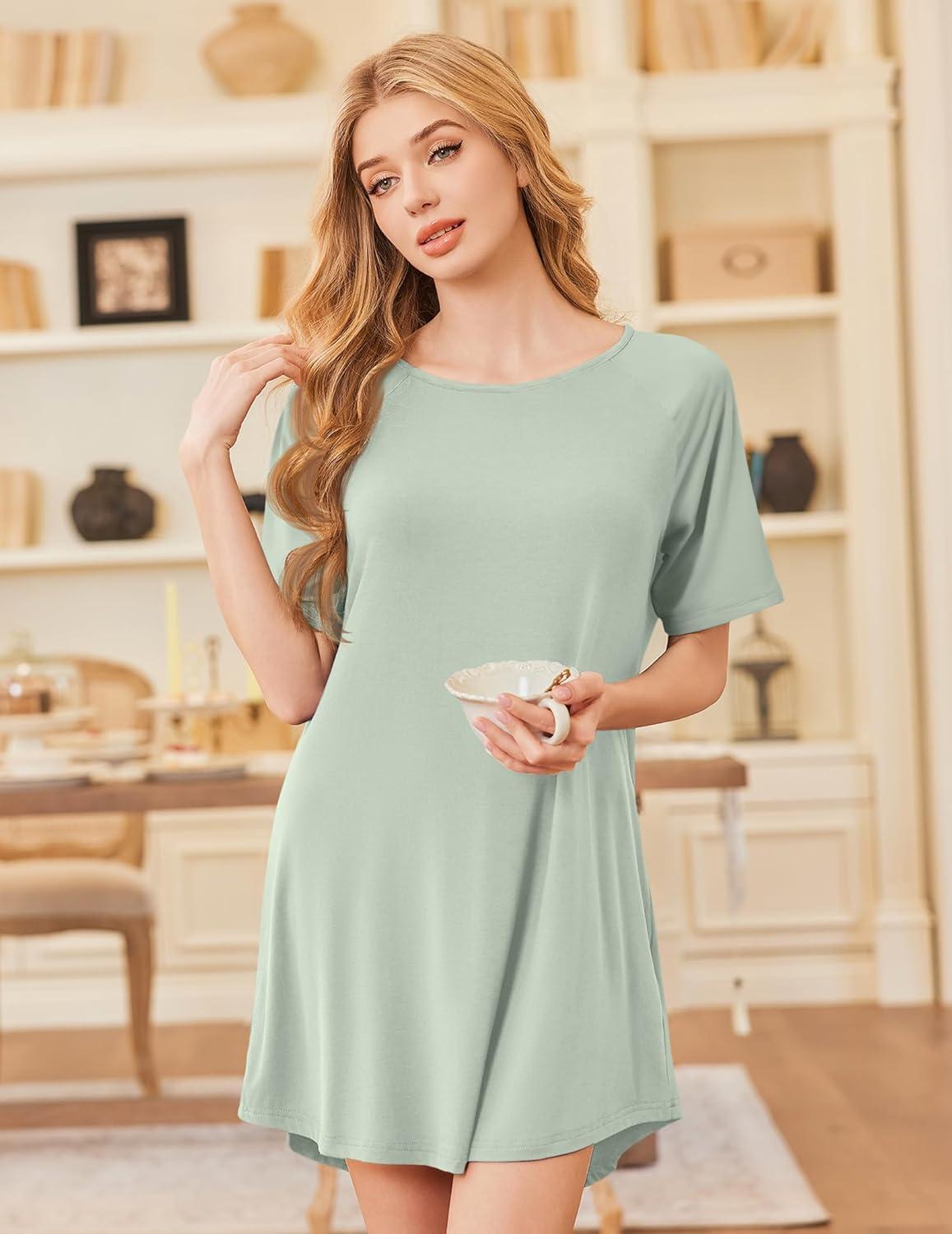 imageEkouaer Nightgowns for Women Bamboo Viscose Sleep Shirts Short Sleeve Nightshirt Casual Sleepdress Soft Sleepwear SXXXLLight Green