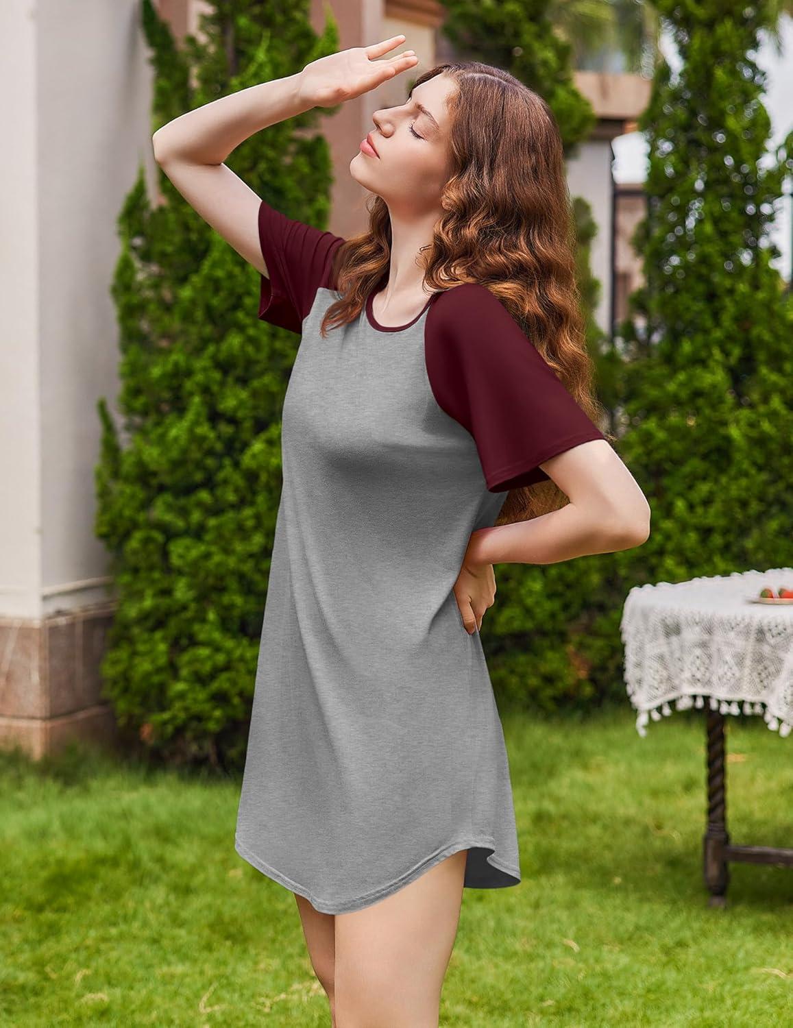 imageEkouaer Nightgowns for Women Bamboo Viscose Sleep Shirts Short Sleeve Nightshirt Casual Sleepdress Soft Sleepwear SXXXLLight Grey