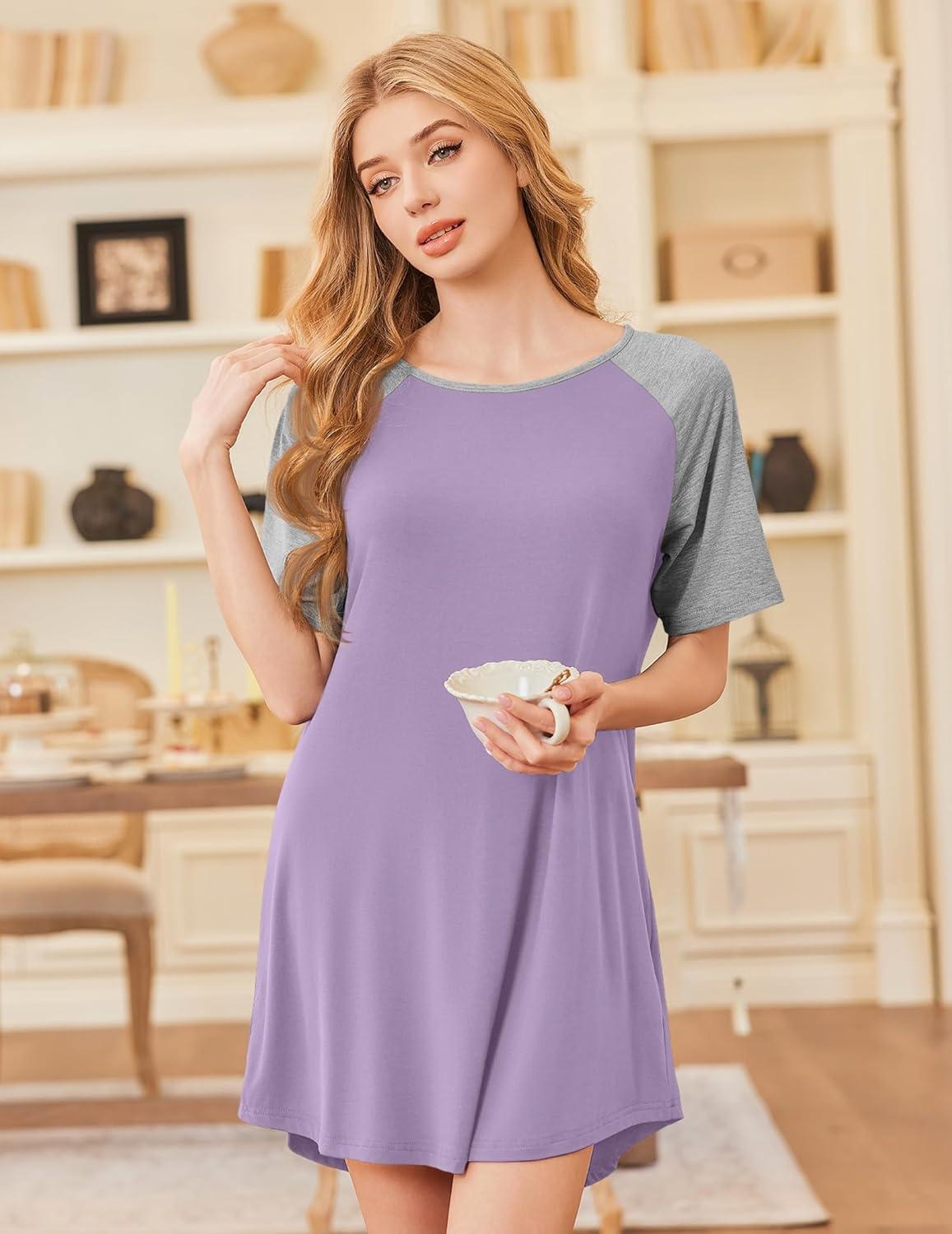 imageEkouaer Nightgowns for Women Bamboo Viscose Sleep Shirts Short Sleeve Nightshirt Casual Sleepdress Soft Sleepwear SXXXLLilac