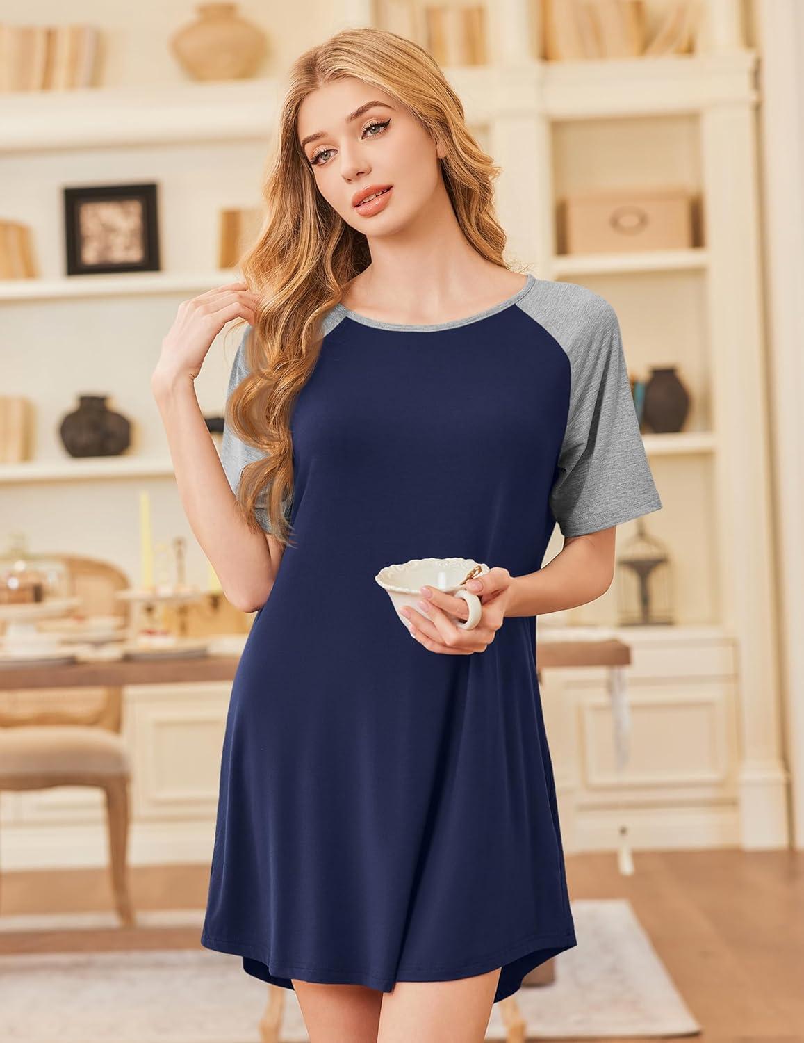 imageEkouaer Nightgowns for Women Bamboo Viscose Sleep Shirts Short Sleeve Nightshirt Casual Sleepdress Soft Sleepwear SXXXLNavy Blue