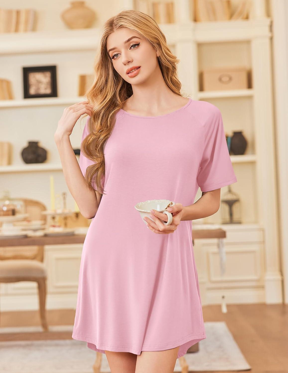 imageEkouaer Nightgowns for Women Bamboo Viscose Sleep Shirts Short Sleeve Nightshirt Casual Sleepdress Soft Sleepwear SXXXLPink