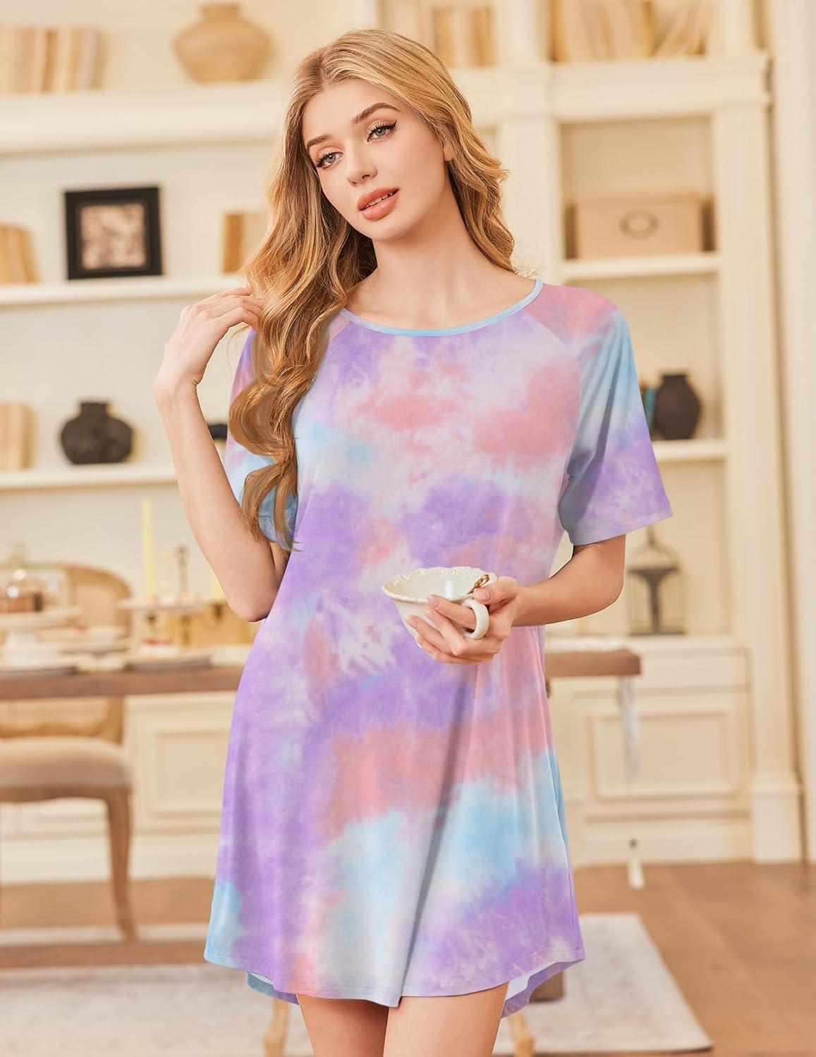 imageEkouaer Nightgowns for Women Bamboo Viscose Sleep Shirts Short Sleeve Nightshirt Casual Sleepdress Soft Sleepwear SXXXLTie Dye Blue