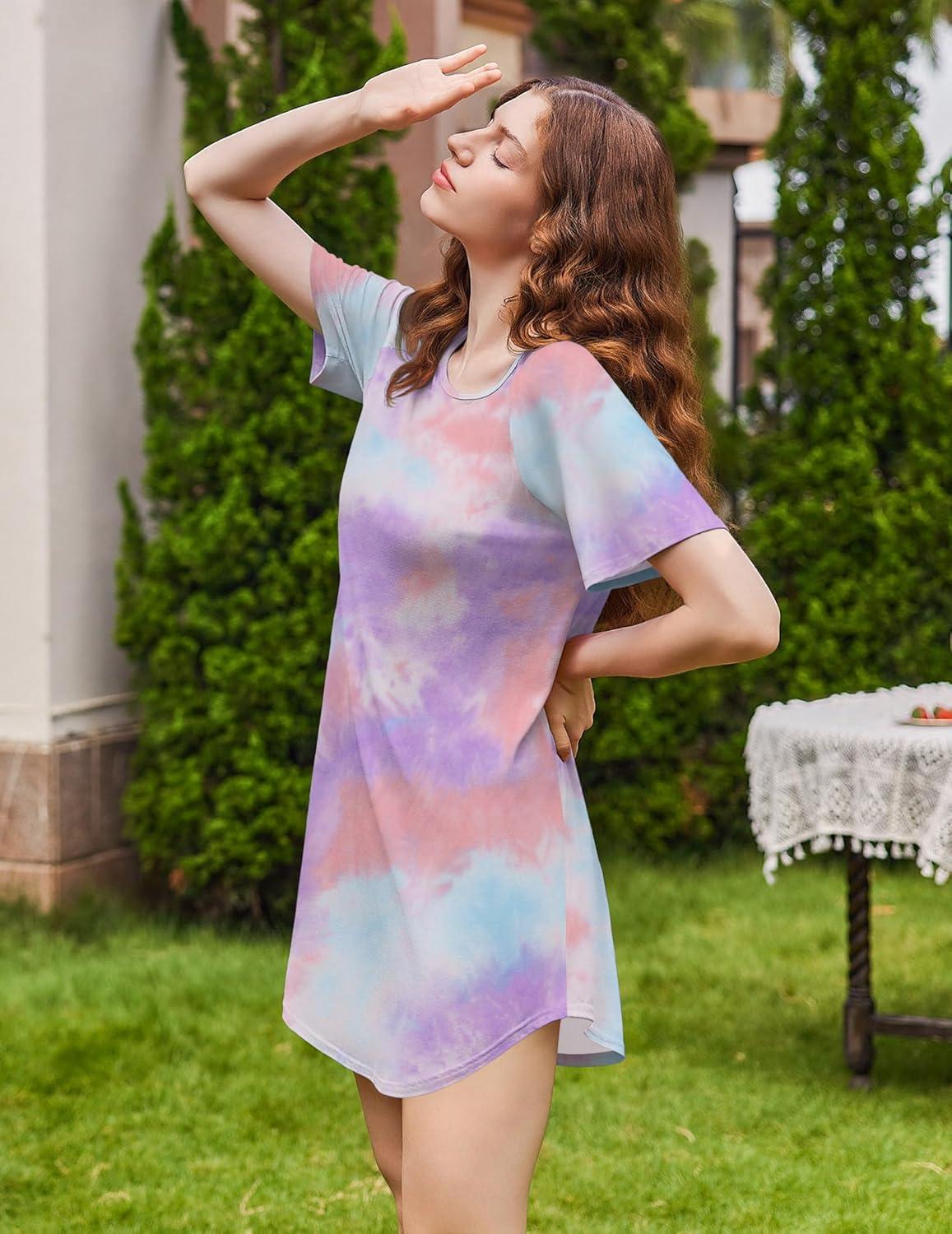 imageEkouaer Nightgowns for Women Bamboo Viscose Sleep Shirts Short Sleeve Nightshirt Casual Sleepdress Soft Sleepwear SXXXLTie Dye Blue