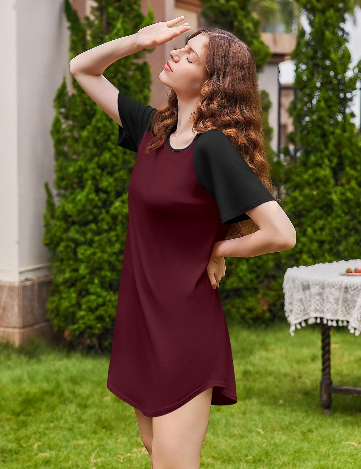 imageEkouaer Nightgowns for Women Bamboo Viscose Sleep Shirts Short Sleeve Nightshirt Casual Sleepdress Soft Sleepwear SXXXLWine Red