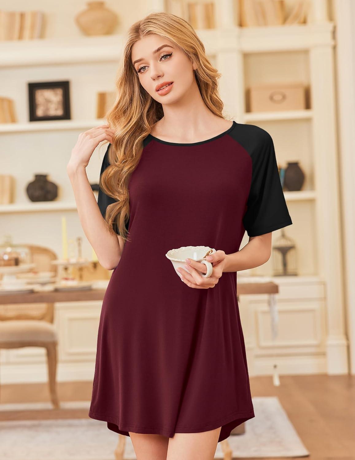 imageEkouaer Nightgowns for Women Bamboo Viscose Sleep Shirts Short Sleeve Nightshirt Casual Sleepdress Soft Sleepwear SXXXLWine Red