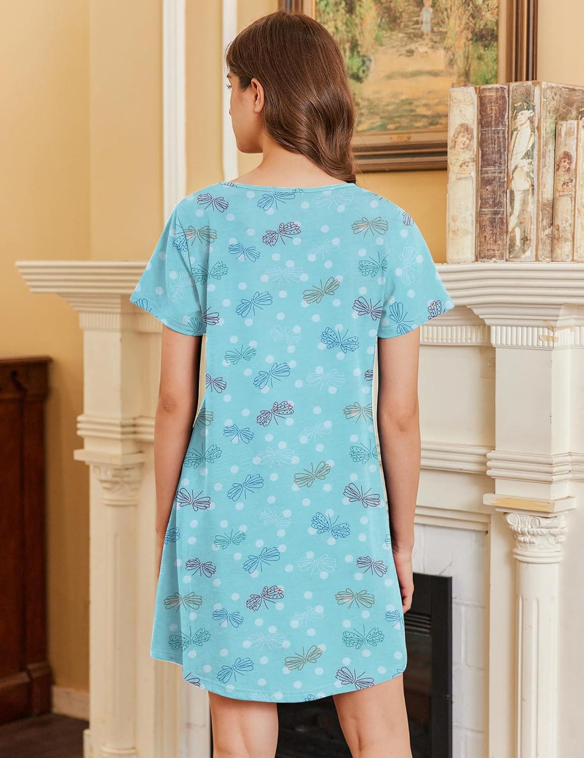 imageEkouaer Nightgowns for Women Cotton Sleepshirts Short Sleeve Nightshirt Tshirt Night Gown Casual Sleepdress Comfy NightdressBlue Butterfly