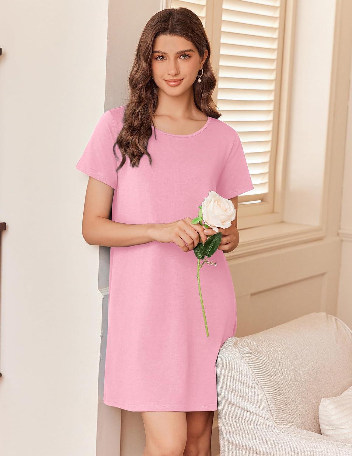 imageEkouaer Nightgowns for Women Cotton Sleepshirts Short Sleeve Nightshirt Tshirt Night Gown Casual Sleepdress Comfy NightdressLight Pink