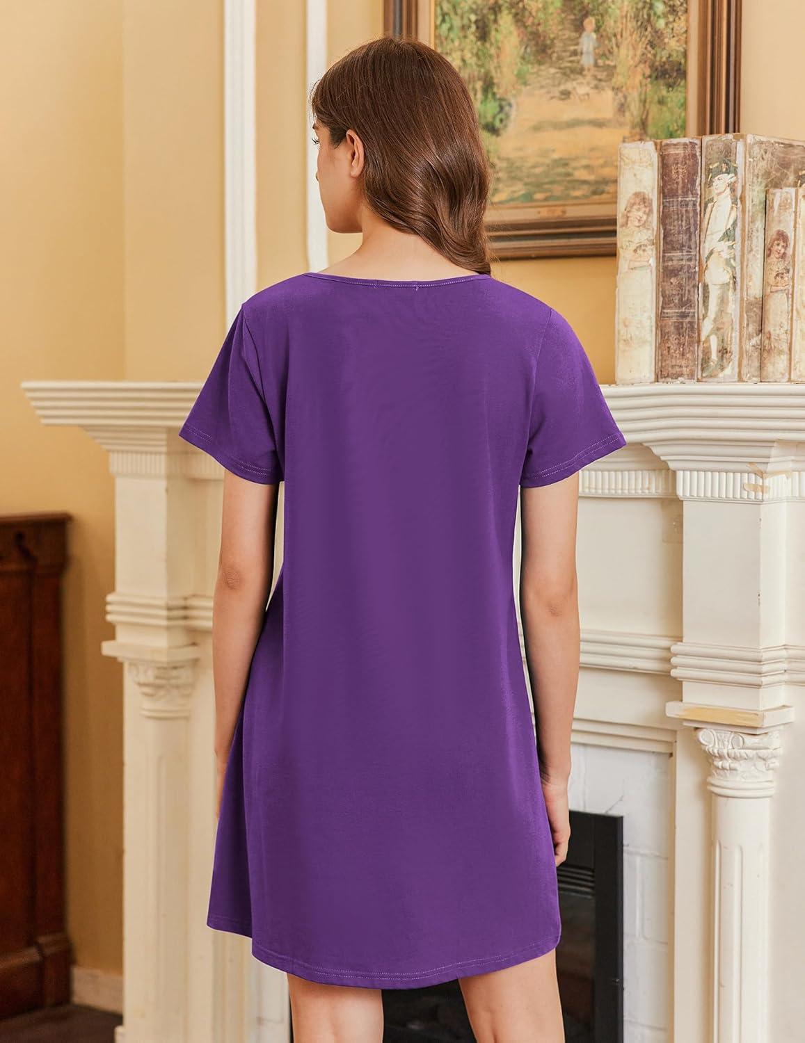 imageEkouaer Nightgowns for Women Cotton Sleepshirts Short Sleeve Nightshirt Tshirt Night Gown Casual Sleepdress Comfy NightdressPurple