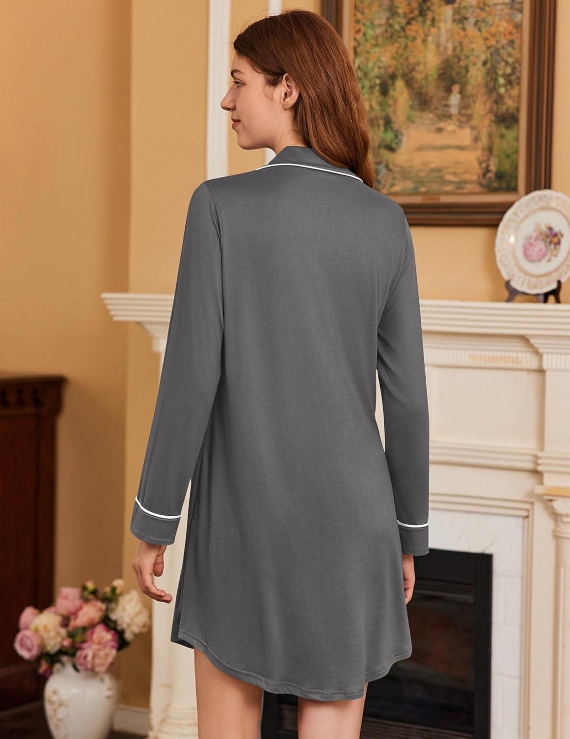 imageEkouaer Nightgowns for Women Long Sleeve Nightshirt Button Down Sleepshirt Nightdress Boyfriend Sleepwear SXXXLDark Grey