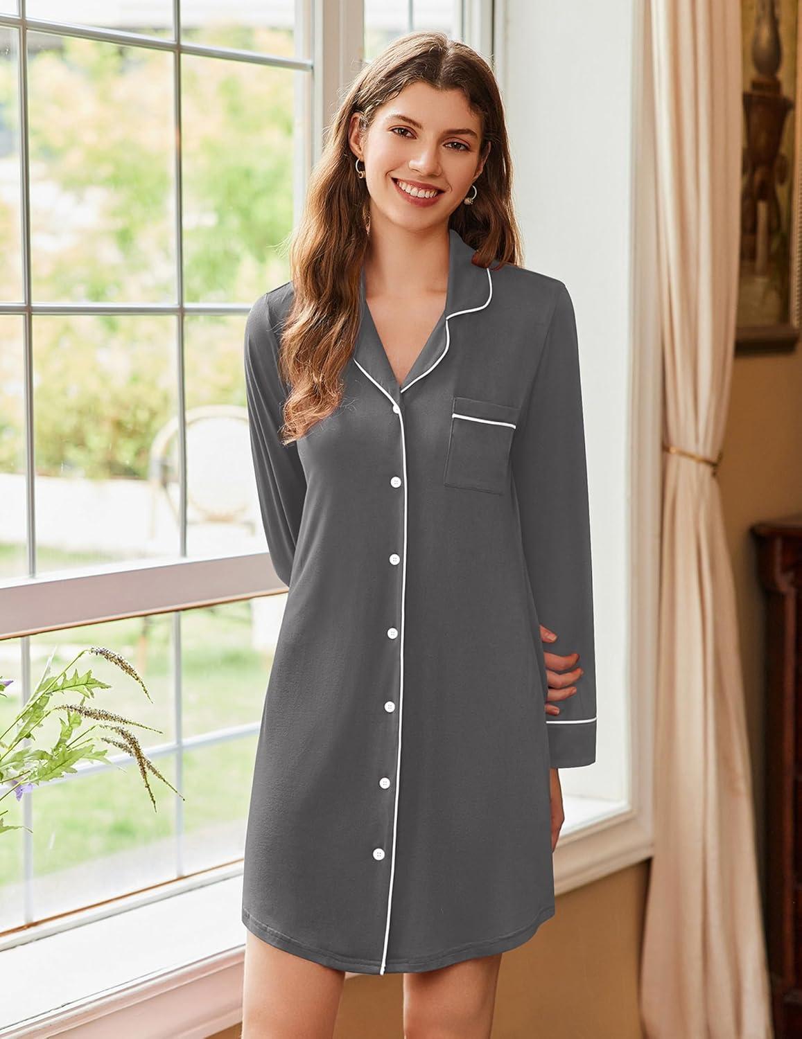imageEkouaer Nightgowns for Women Long Sleeve Nightshirt Button Down Sleepshirt Nightdress Boyfriend Sleepwear SXXXLDark Grey