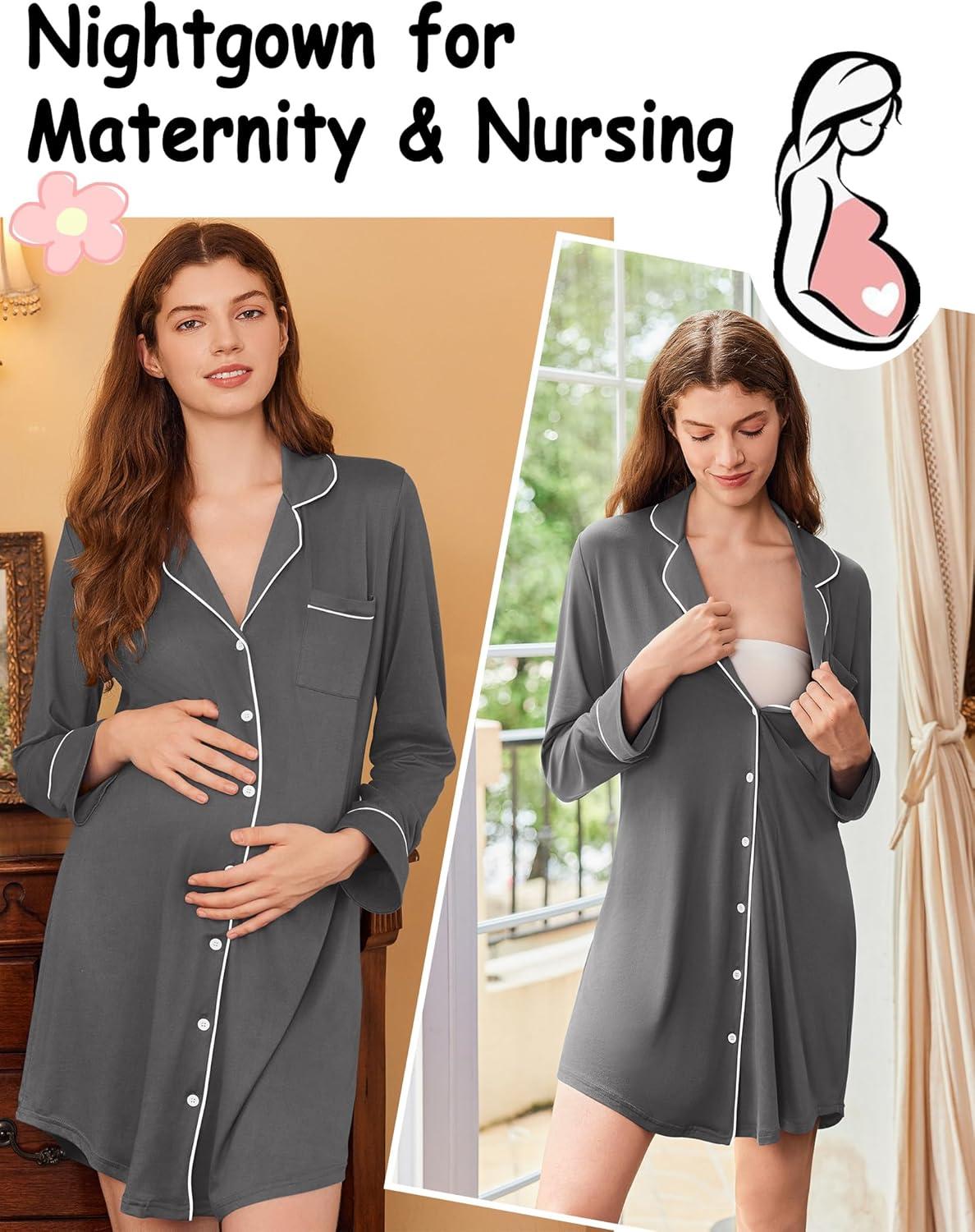 imageEkouaer Nightgowns for Women Long Sleeve Nightshirt Button Down Sleepshirt Nightdress Boyfriend Sleepwear SXXXLDark Grey