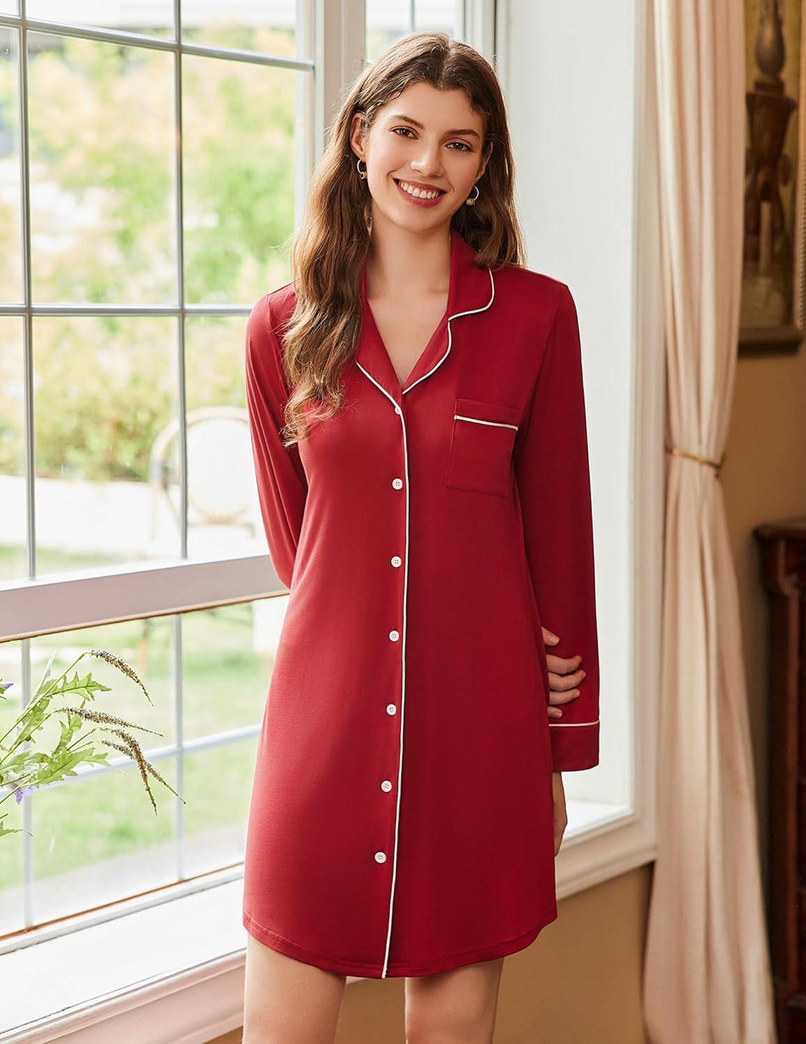imageEkouaer Nightgowns for Women Long Sleeve Nightshirt Button Down Sleepshirt Nightdress Boyfriend Sleepwear SXXXLDark Red
